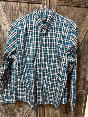 Lands' End Men's Teal and White Plaid Button-Down Shirt